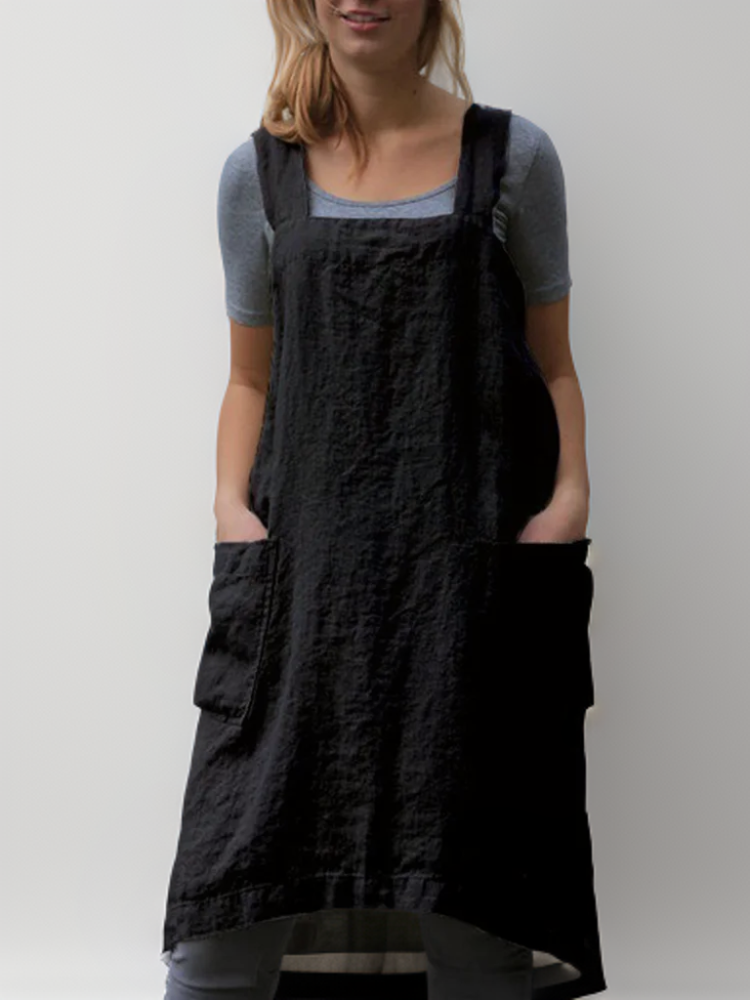Damen Schürzenkleid Baumwolle Leinen Modernes Design mit Taschen S-XL-4