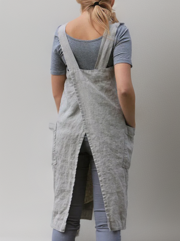 Damen Schürzenkleid Baumwolle Leinen Modernes Design mit Taschen S-XL-2