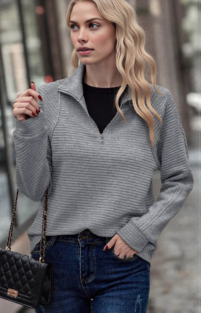 Variant image for Frauen Pullover Viertel-Zip Strukturierter Stoff Bequem Herbst Winter-13