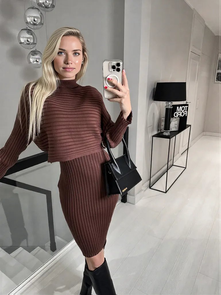 Damen Kleid Ärmellos O-Neck Strickmuster Herbst Winter Elegantes Kleid Set-1