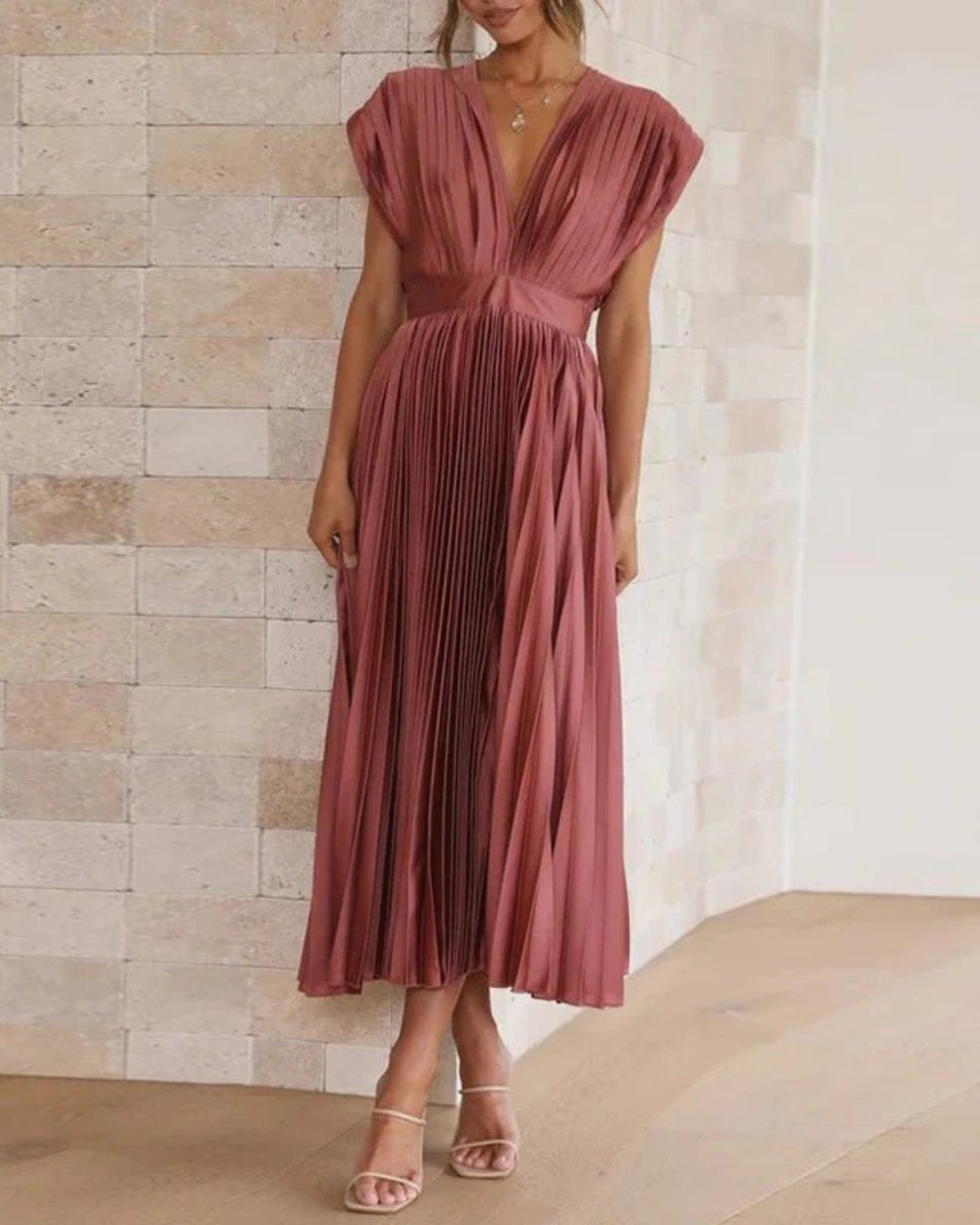 Damen Festkleid V-Ausschnitt Elegantes Design Champagner Rosa Schwarz Lila Hochzeitskleid für Gäste-5