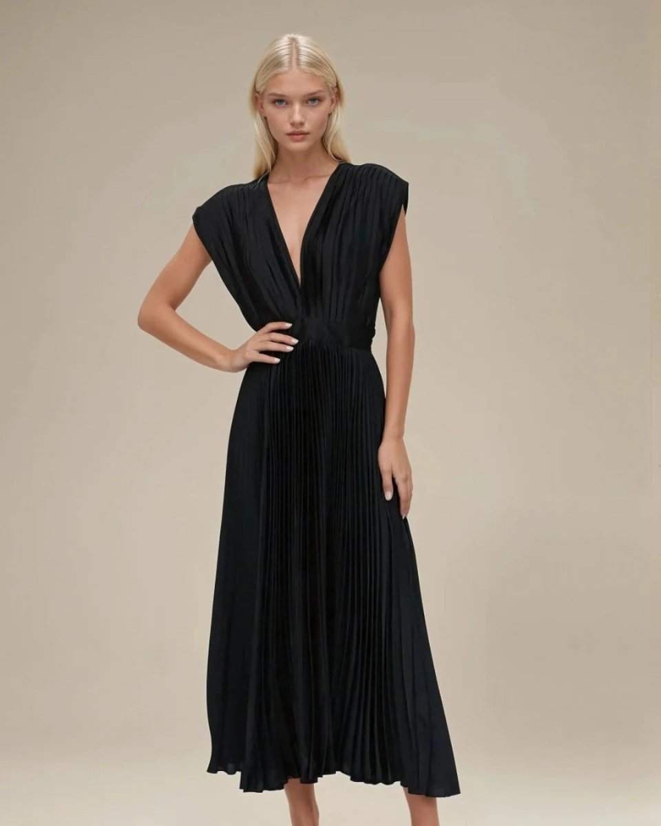 Damen Festkleid V-Ausschnitt Elegantes Design Champagner Rosa Schwarz Lila Hochzeitskleid für Gäste-3