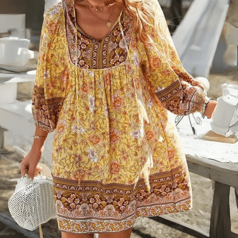 Damen Boho Kleid V-Ausschnitt Floral Muster Dreiviertelärmel Lockeres Sommerkleid aus Viskose-3