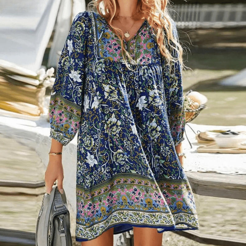 Damen Boho Kleid V-Ausschnitt Floral Muster Dreiviertelärmel Lockeres Sommerkleid aus Viskose-1