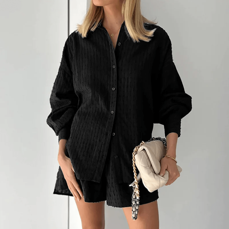 Damen Set Langarm-Hemd Shorts 100% Baumwolle Lässig Locker Bequem Sommer Outfit-2