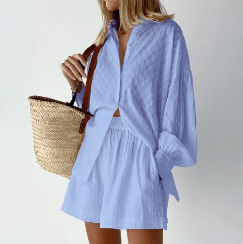 Variant image for Damen Set Langarm-Hemd Shorts 100% Baumwolle Lässig Locker Bequem Sommer Outfit-29