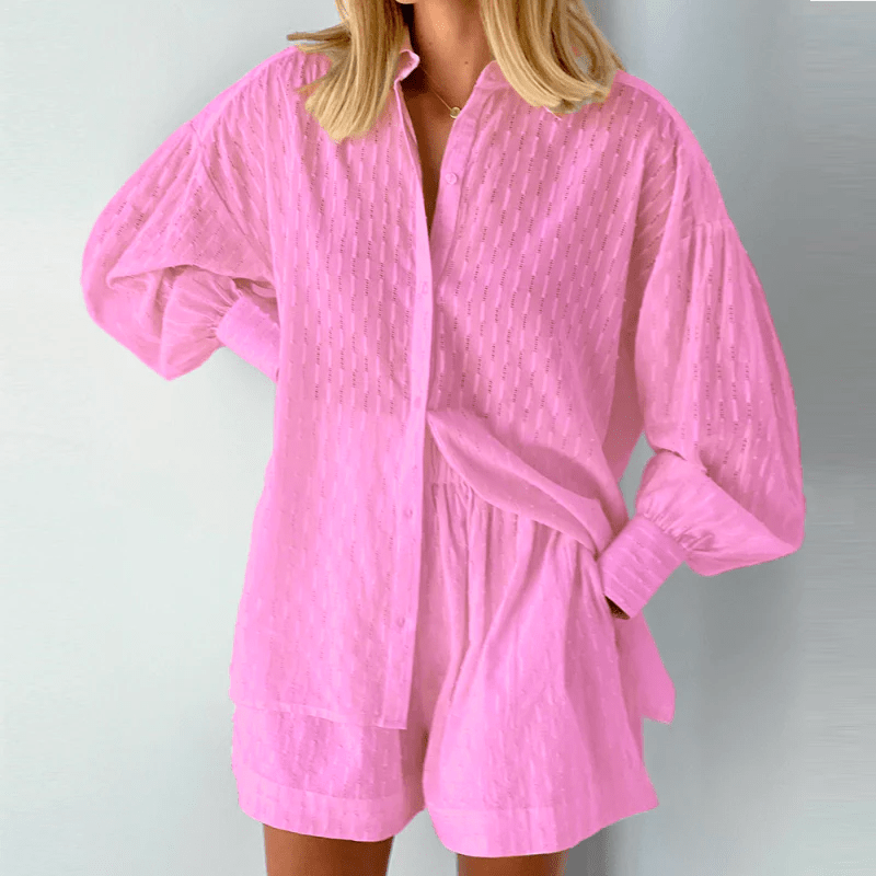 Variant image for Damen Set Langarm-Hemd Shorts 100% Baumwolle Lässig Locker Bequem Sommer Outfit-25
