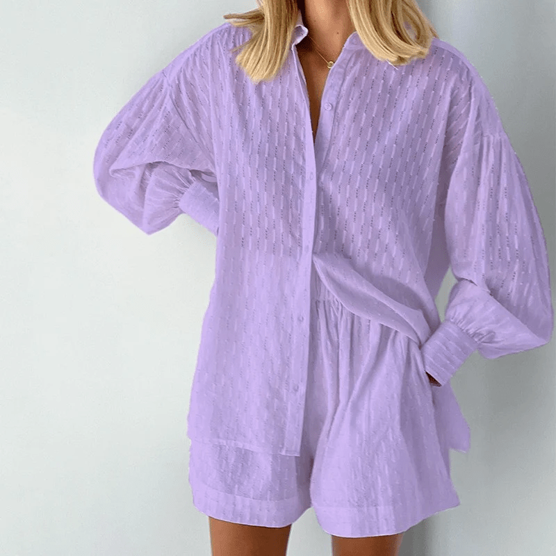 Damen Set Langarm-Hemd Shorts 100% Baumwolle Lässig Locker Bequem Sommer Outfit-6