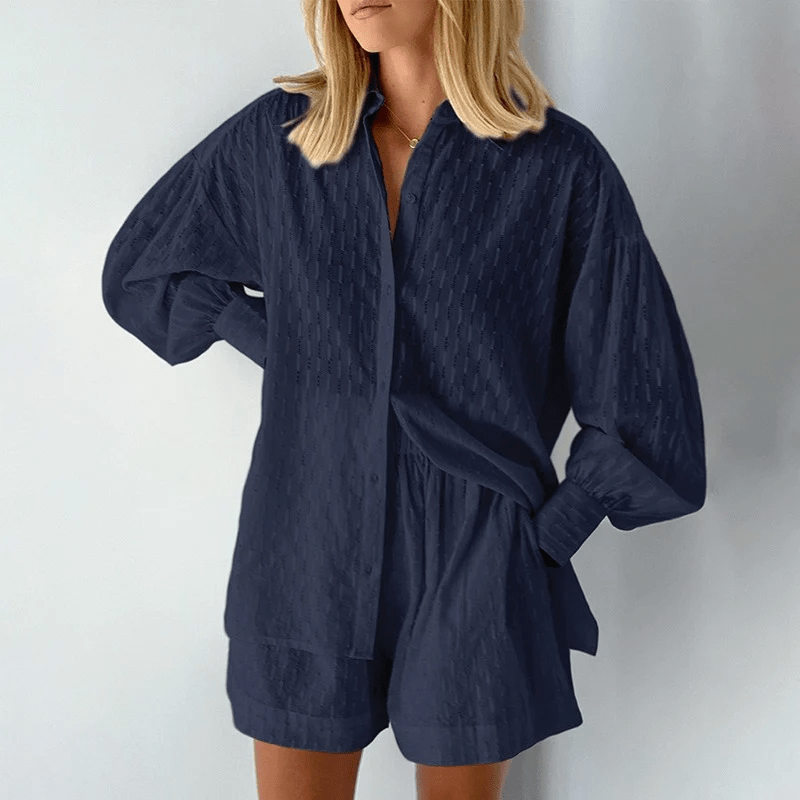 Damen Set Langarm-Hemd Shorts 100% Baumwolle Lässig Locker Bequem Sommer Outfit-4