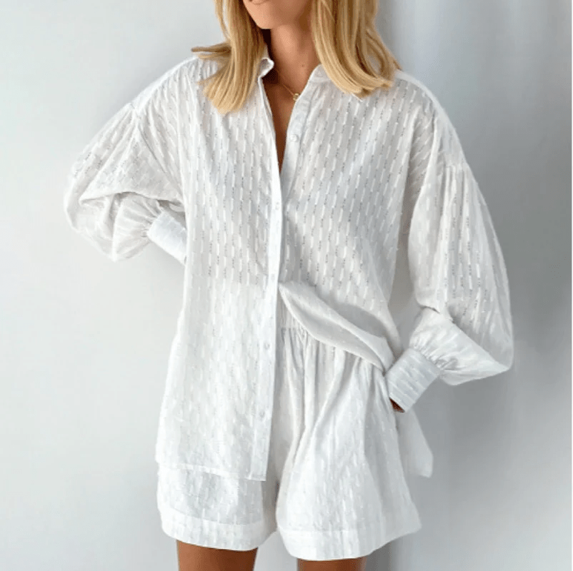 Damen Set Langarm-Hemd Shorts 100% Baumwolle Lässig Locker Bequem Sommer Outfit-1