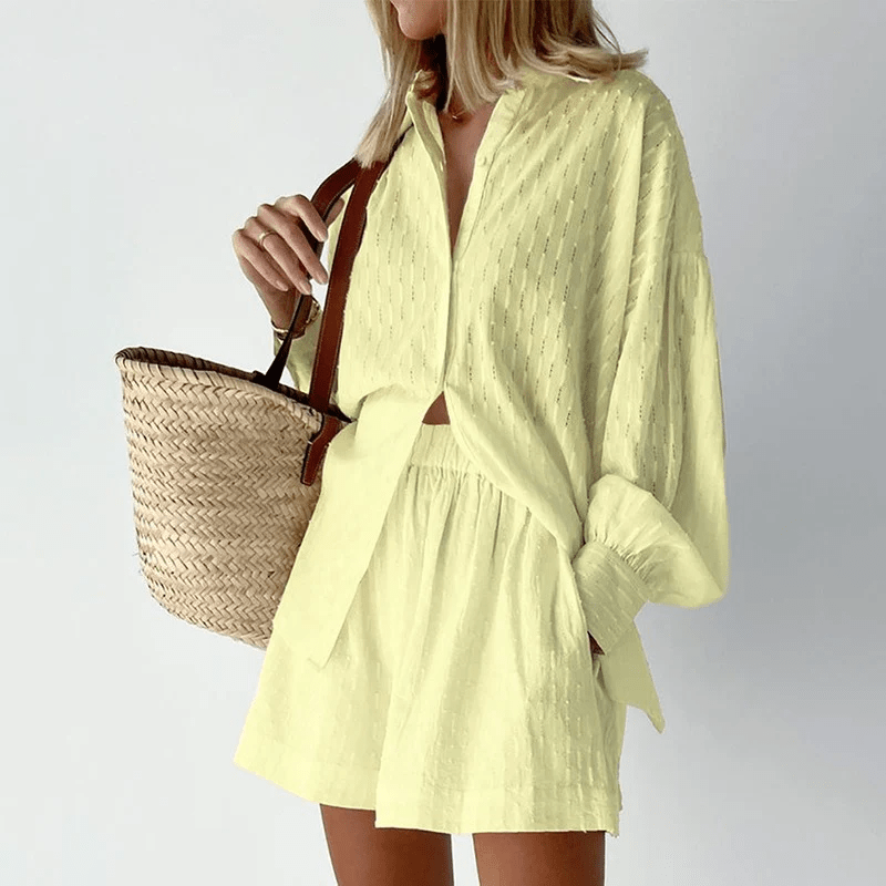 Damen Set Langarm-Hemd Shorts 100% Baumwolle Lässig Locker Bequem Sommer Outfit-3
