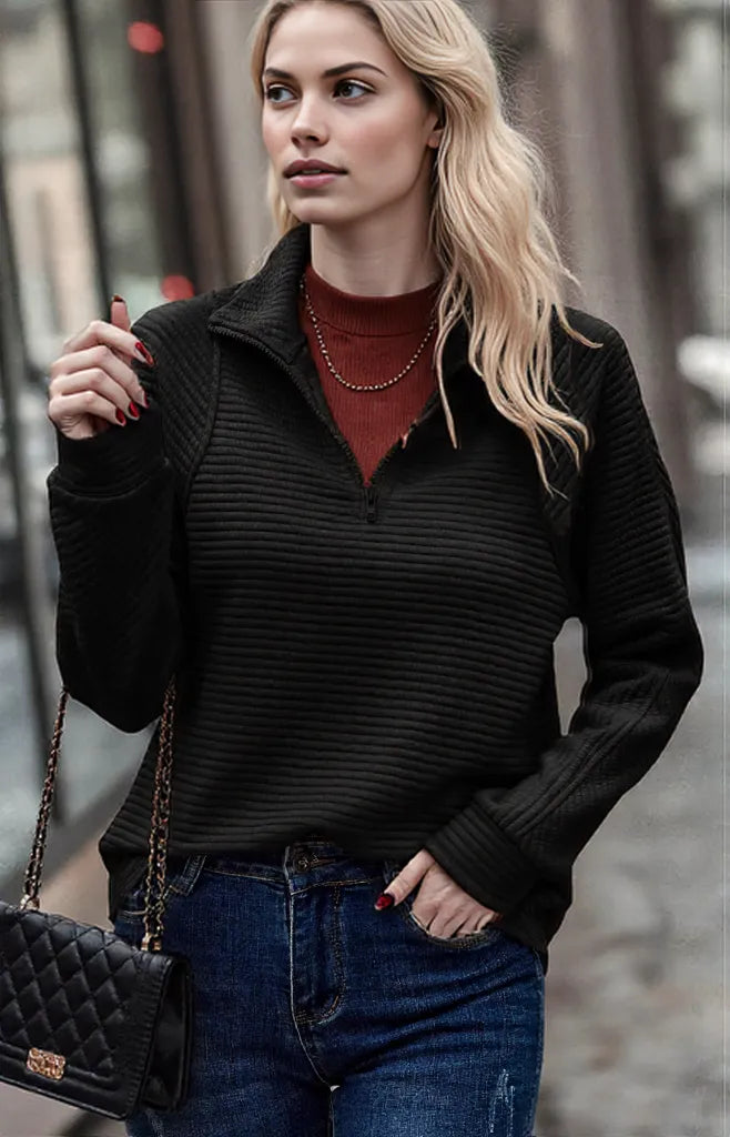 Variant image for Frauen Pullover Viertel-Zip Strukturierter Stoff Bequem Herbst Winter-19