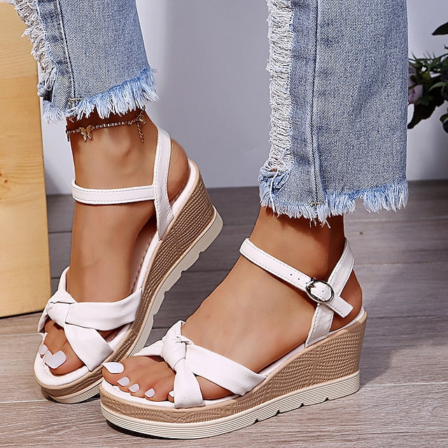 Damen Sandalen Keilabsatz Weiß Vegan Lederimitat Kreuzriemen 7 cm Absatzhöhe-1