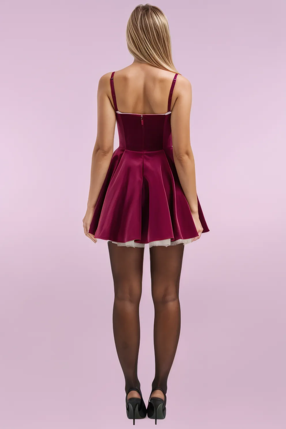 Damen Abendkleid Burgunder Samt Mini Kleid mit Korsett Tüll Unterrock und Taschen-6