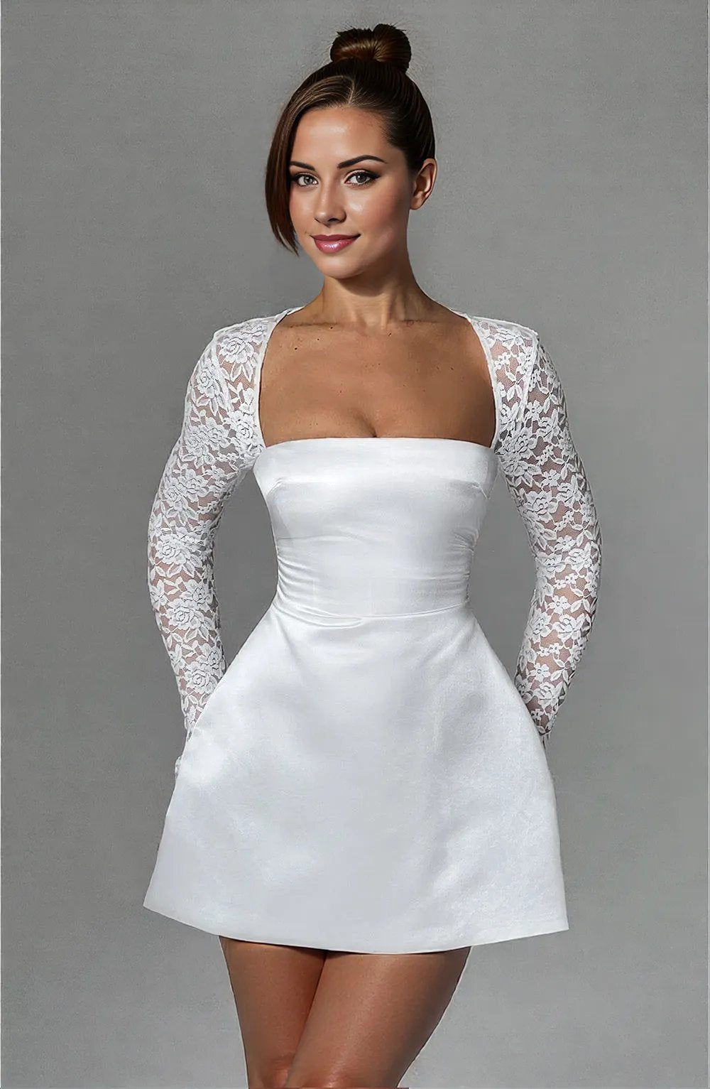 Damen Kleid Hochzeitsgast Mini mit Spitzenärmeln und Satinblasenrock, Slim Fit, Elegantes Festliches Kleid-6