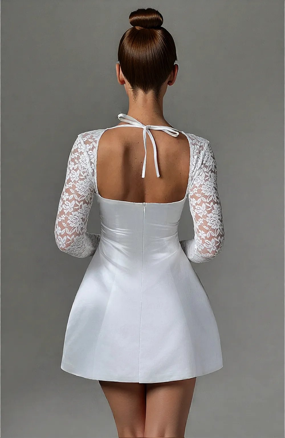 Damen Kleid Hochzeitsgast Mini mit Spitzenärmeln und Satinblasenrock, Slim Fit, Elegantes Festliches Kleid-5