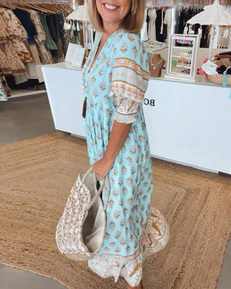 SERENE – Boho Chic Sommerkleid mit V-Ausschnitt und Leinenstoff