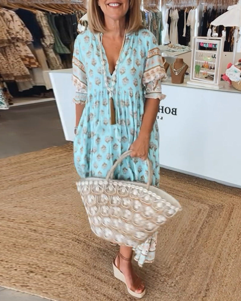 SERENE – Boho Chic Sommerkleid mit V-Ausschnitt und Leinenstoff