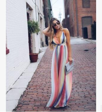 Damen Maxikleid Ärmellos V-Ausschnitt Aquarellmuster Pastellfarben Maxi Sommerkleid-4