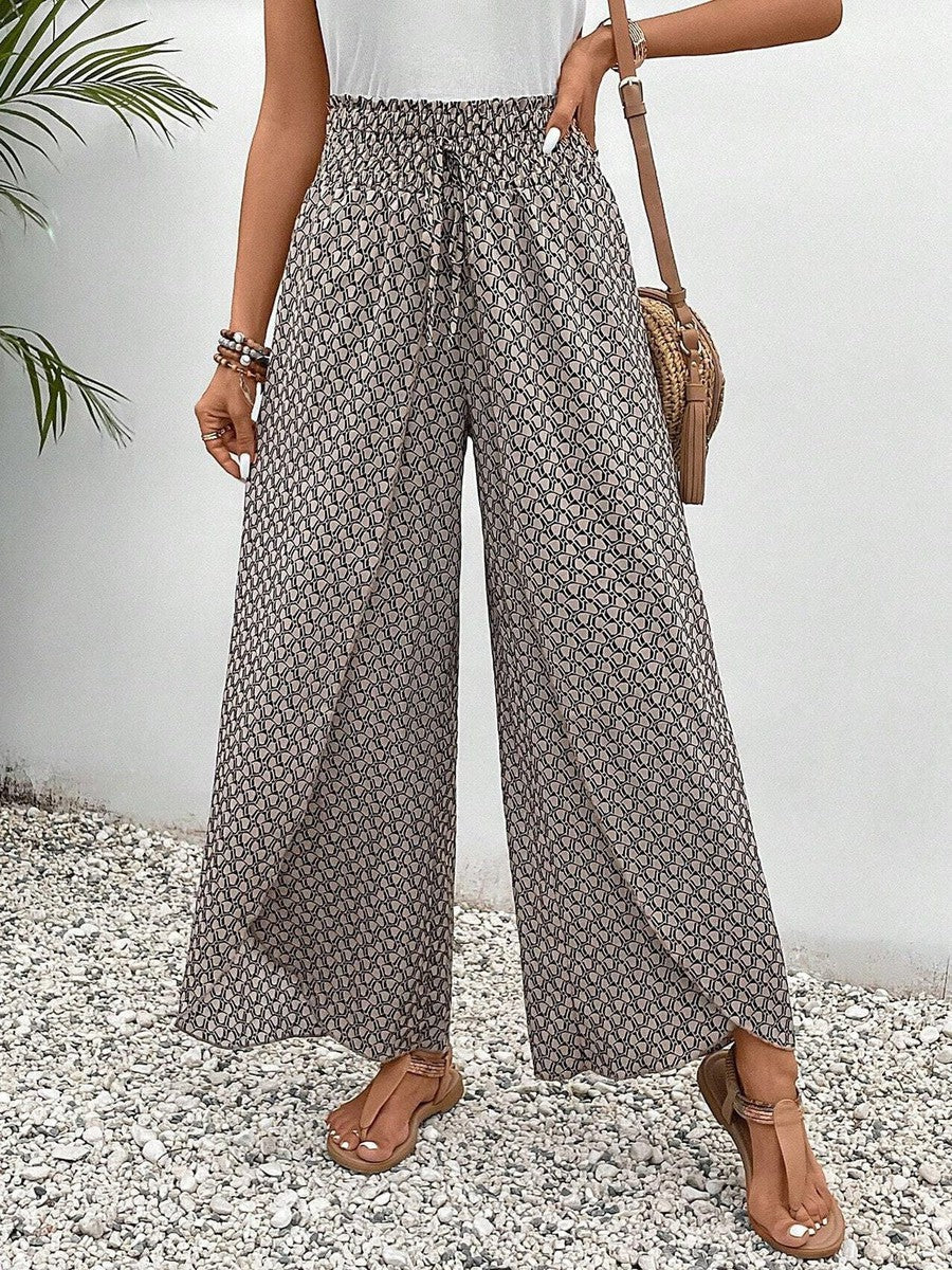 Damen Palazzo Hose Elegant Braun Elastischer Bund mit Kordelzug Weites Bein Sommerhose-5