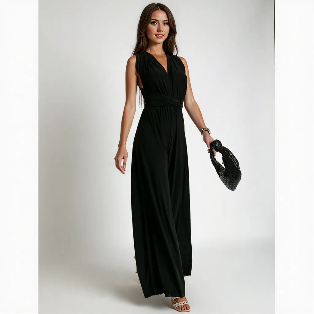 Variant image for Damen Jumpsuit Festlich Ärmellos Schwarz Weitbein Wrap Taille Elegant-1