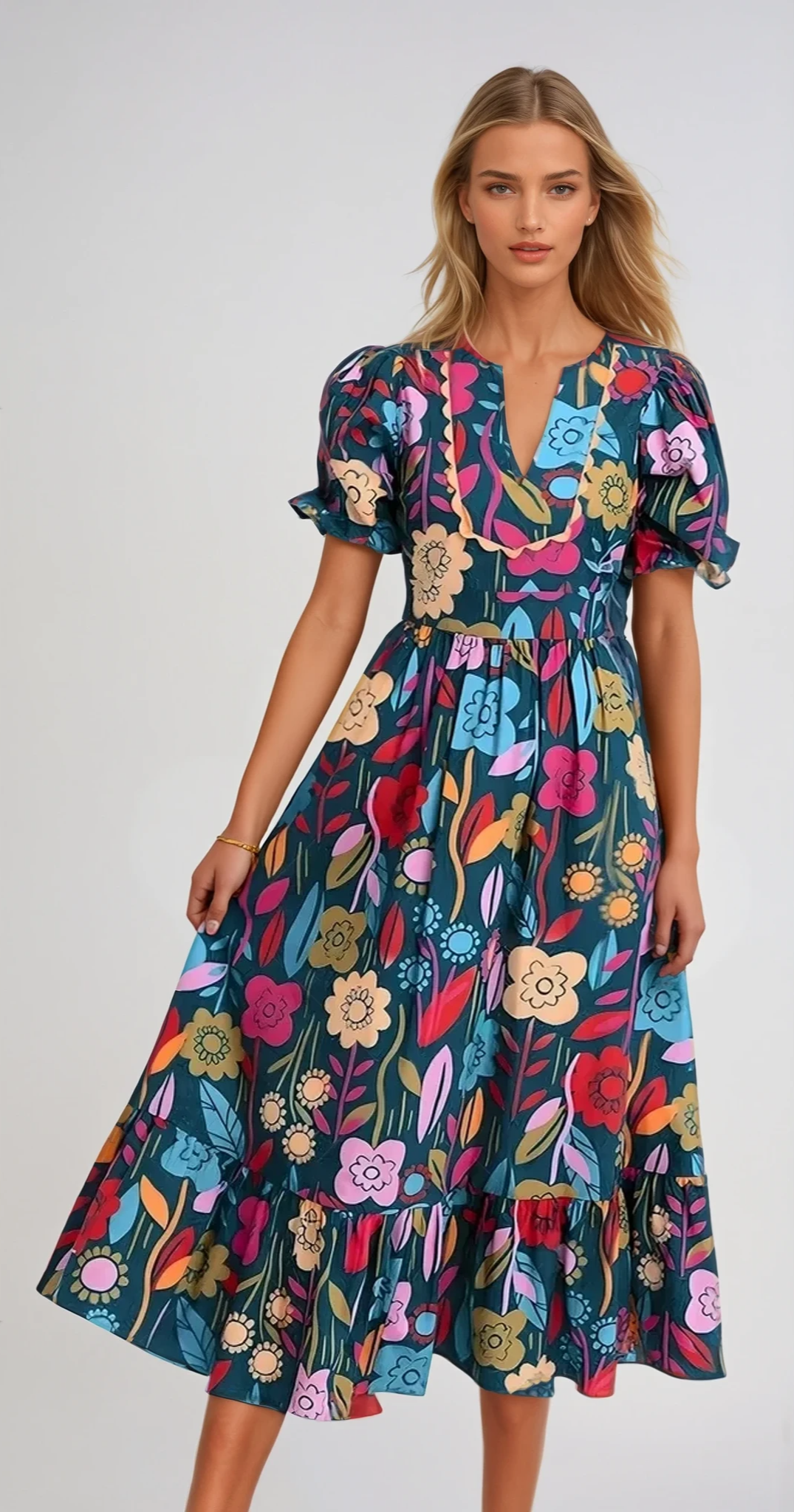 BOHO BREEZE – Midi Kleid mit Puffärmeln und Notch-Ausschnitt