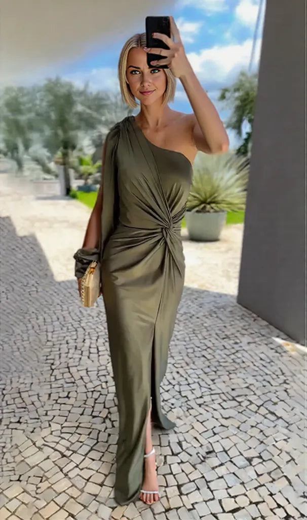 Damen Maxikleid Grünes Fließendes Kleid mit Seidigen Ärmeln für Festliche Anlässe-1