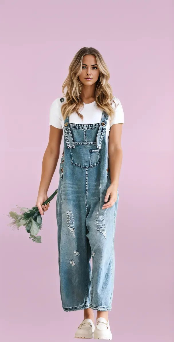 Variant image for Damen Jumpsuit Zerrissene Denim Overall Entspanntes Fit Verstellbare Träger Slouchy Passform-1