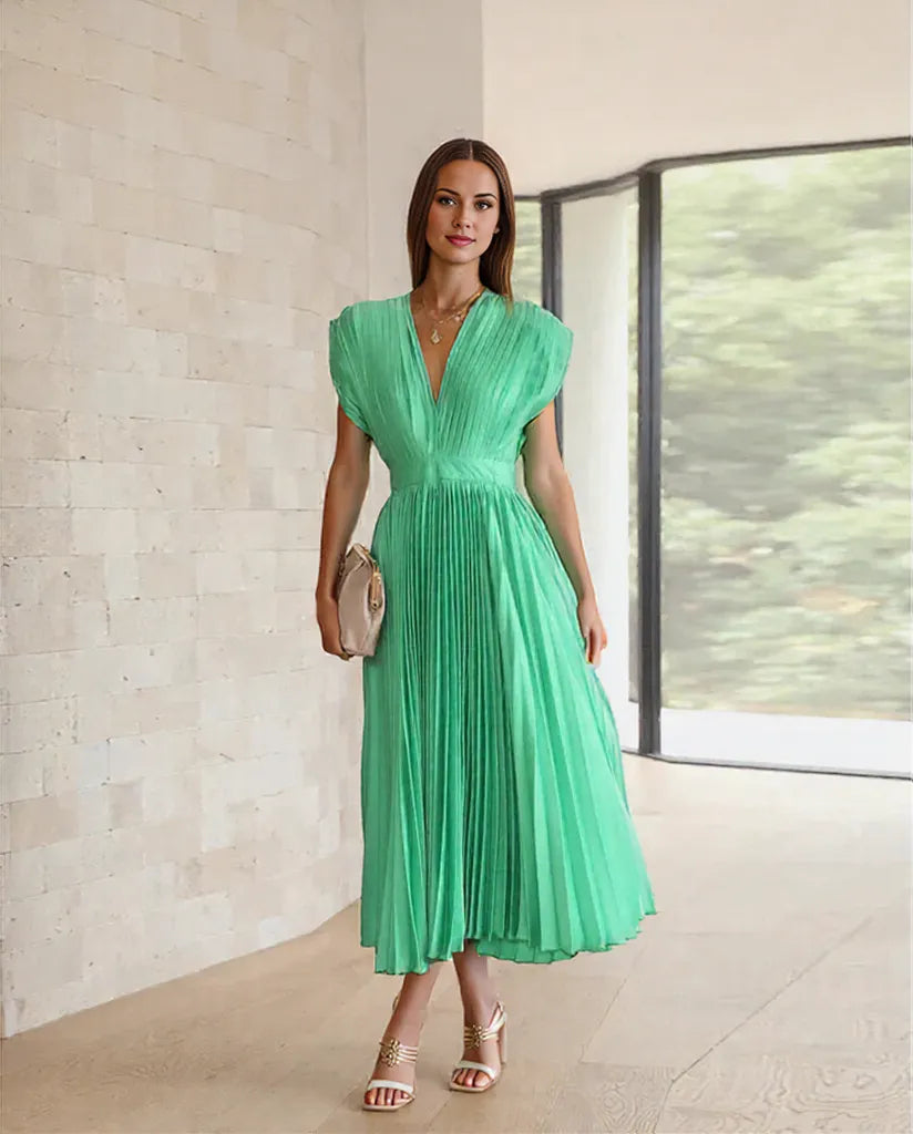Damen Maxikleid V-Ausschnitt Falten Design Ziegelrot Grün Rosa Schwarz Blau Grau Lila Sommerlange Kleider-2
