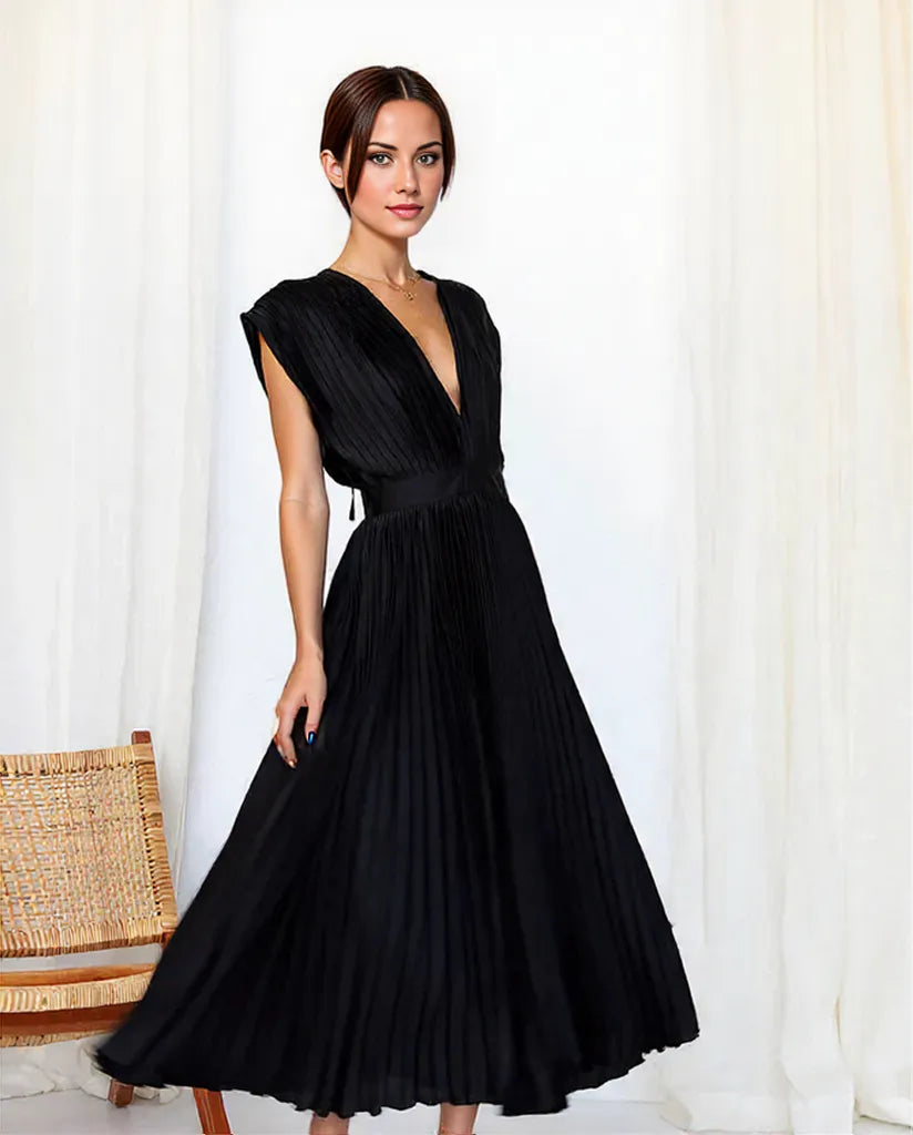 Damen Maxikleid V-Ausschnitt Falten Design Ziegelrot Grün Rosa Schwarz Blau Grau Lila Sommerlange Kleider-4