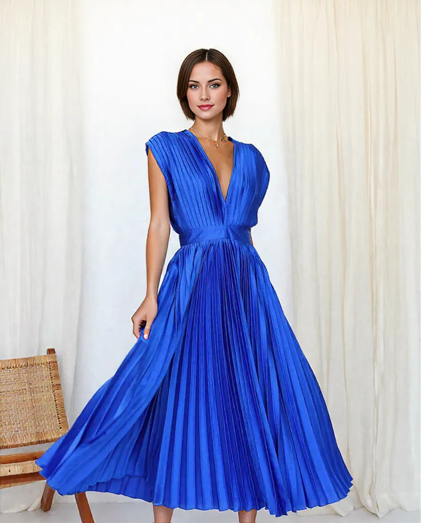 Damen Maxikleid V-Ausschnitt Falten Design Ziegelrot Grün Rosa Schwarz Blau Grau Lila Sommerlange Kleider-5