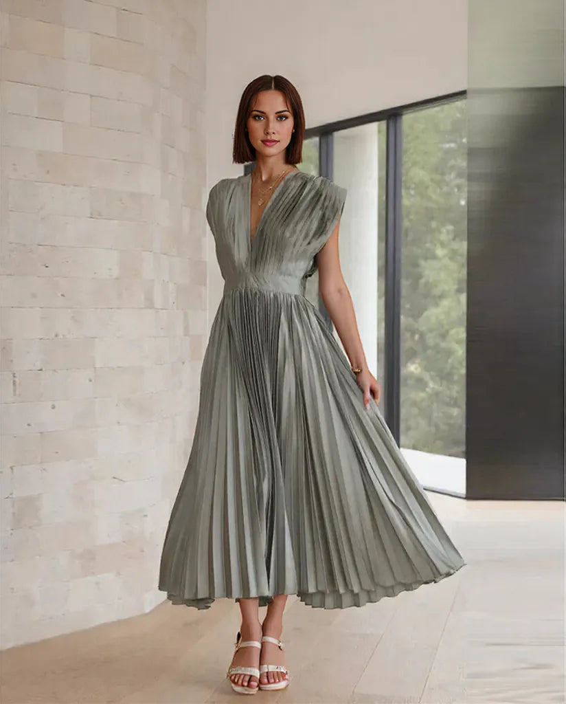 Damen Maxikleid V-Ausschnitt Falten Design Ziegelrot Grün Rosa Schwarz Blau Grau Lila Sommerlange Kleider-6