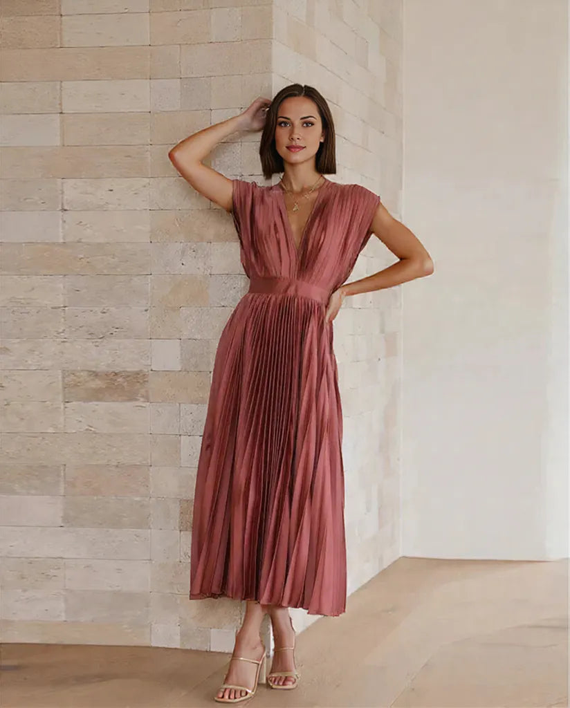 Damen Maxikleid V-Ausschnitt Falten Design Ziegelrot Grün Rosa Schwarz Blau Grau Lila Sommerlange Kleider-1