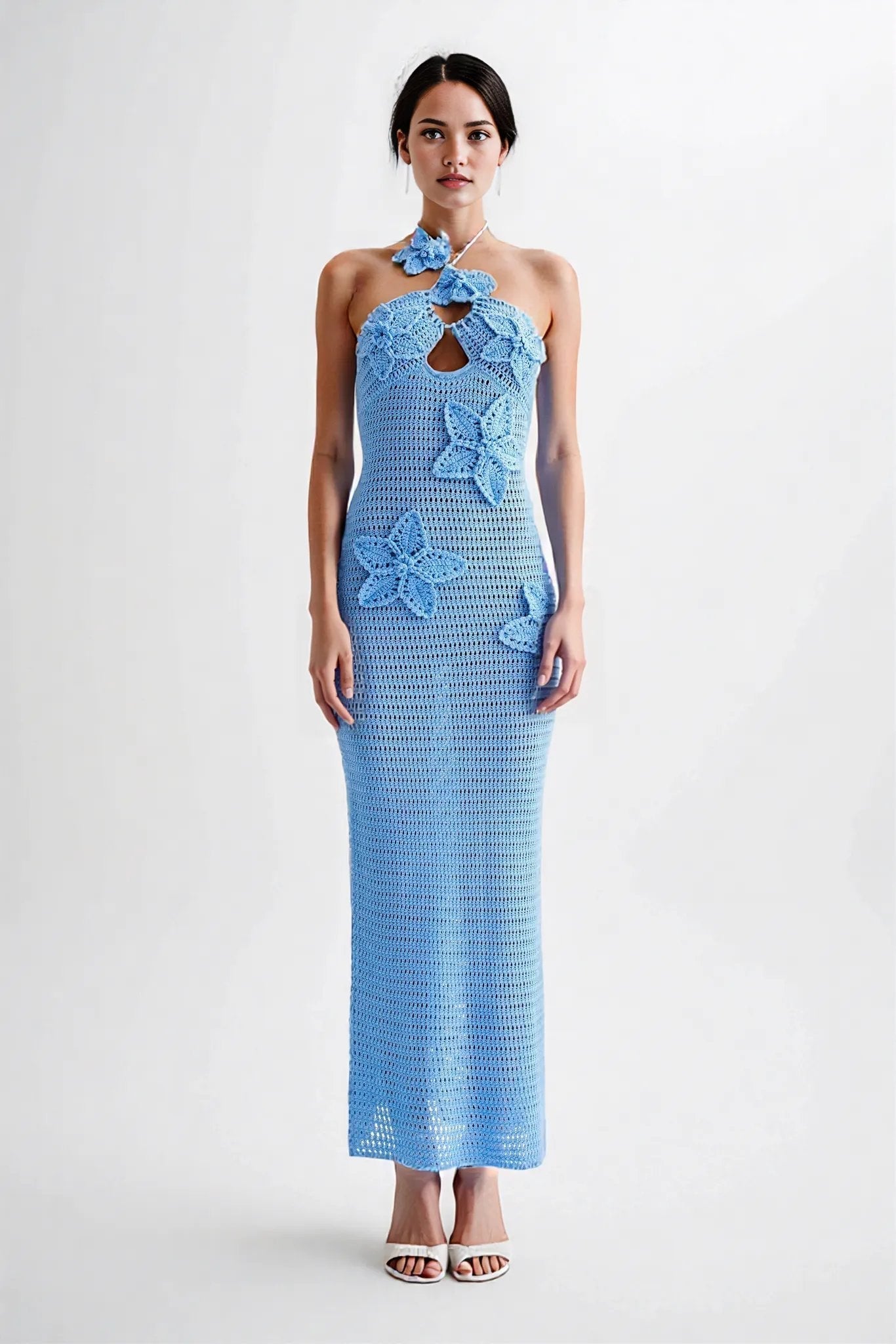 Variant image for Damen Maxi Kleid Halter Ausschnitt Blumen Häkel Design Braun Knöchellang Sommerkleider-5