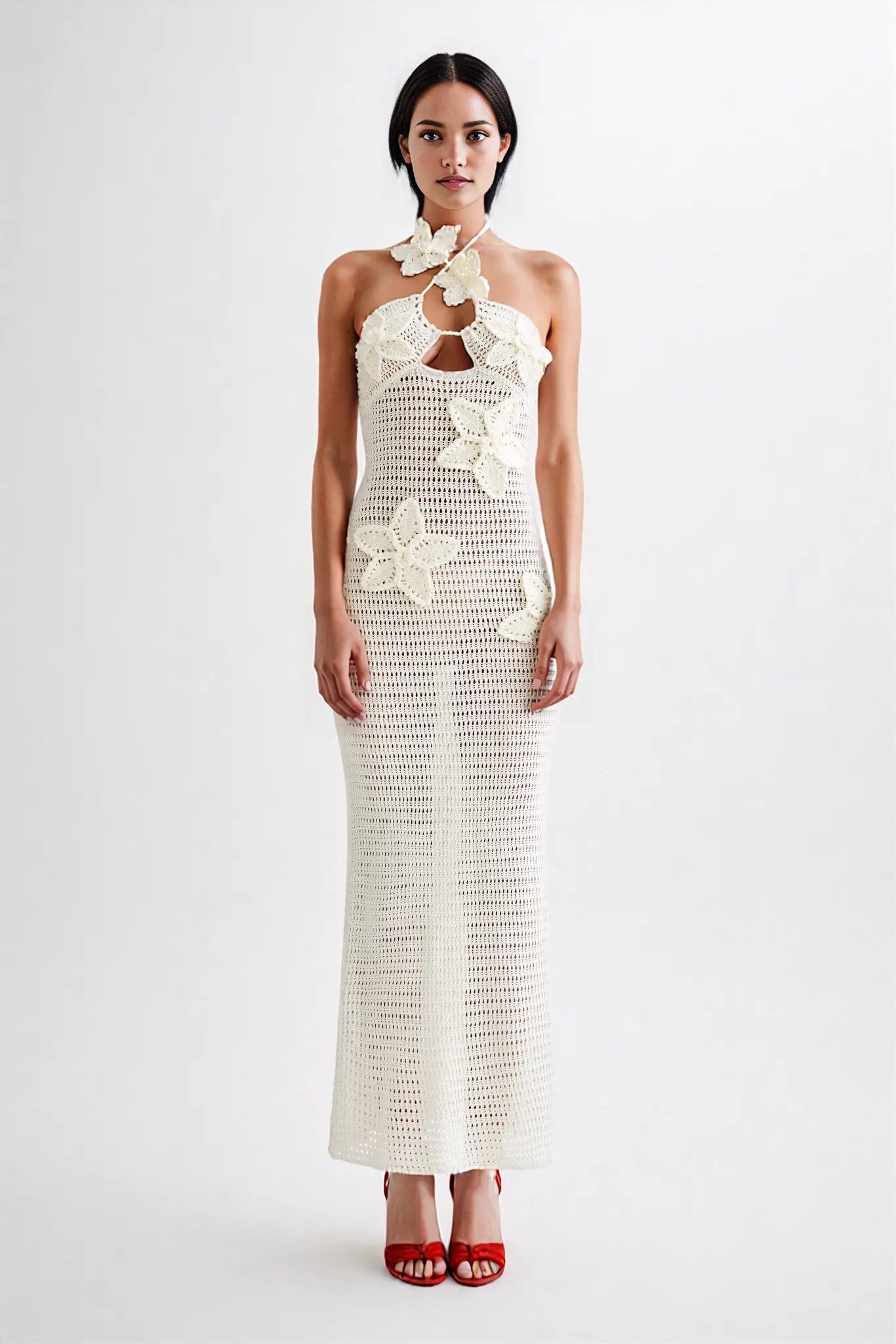 Damen Maxi Kleid Halter Ausschnitt Blumen Häkel Design Braun Knöchellang Sommerkleider-3