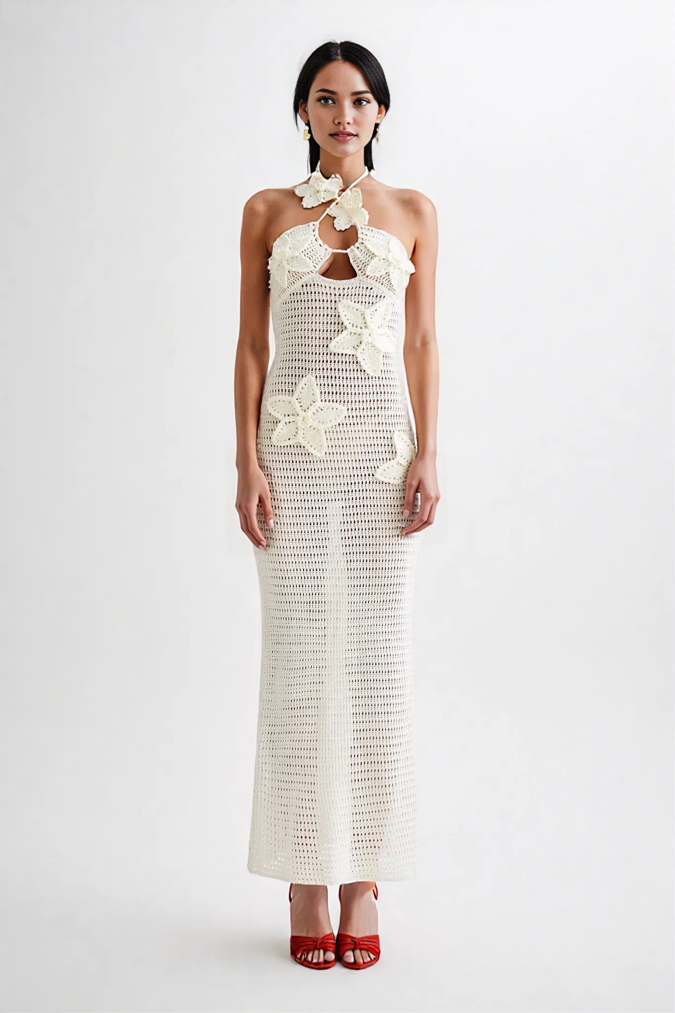 Variant image for Damen Maxi Kleid Halter Ausschnitt Blumen Häkel Design Braun Knöchellang Sommerkleider-1