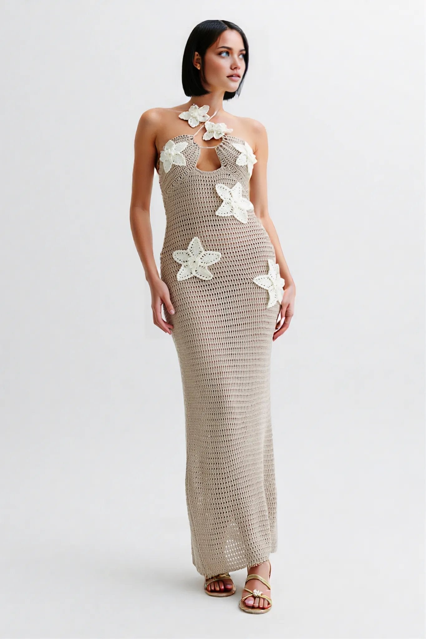 Variant image for Damen Maxi Kleid Halter Ausschnitt Blumen Häkel Design Braun Knöchellang Sommerkleider-9
