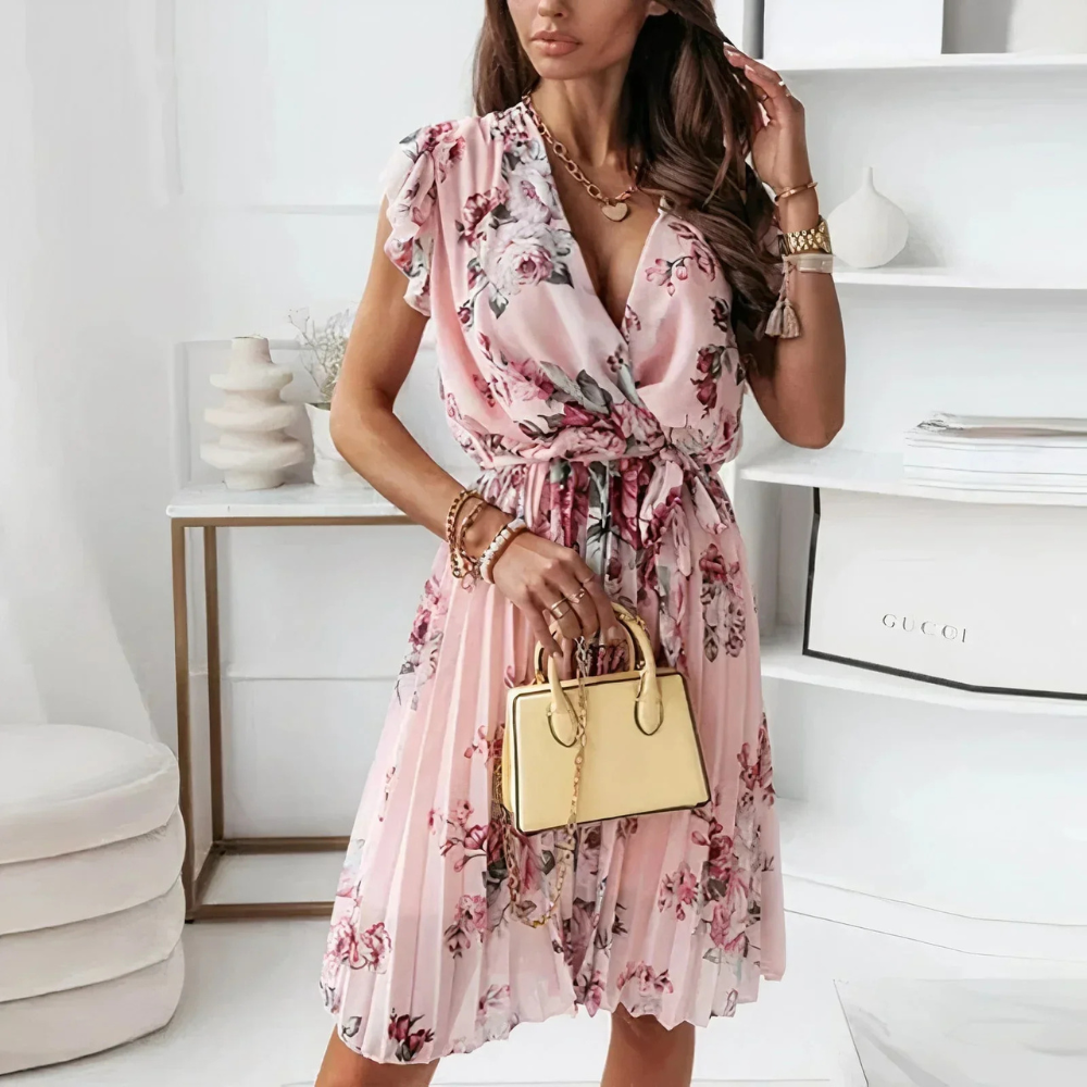 Damen Kleid Midi Blumenmuster Plisseefalten Tailliert Leicht für Sommer-4