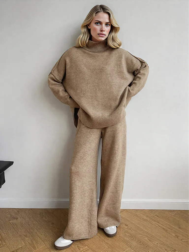 Variant image for Damen Strick Rollkragenpullover Hosenensemble Beige Weicher Strickstoff Pflegeleicht-1