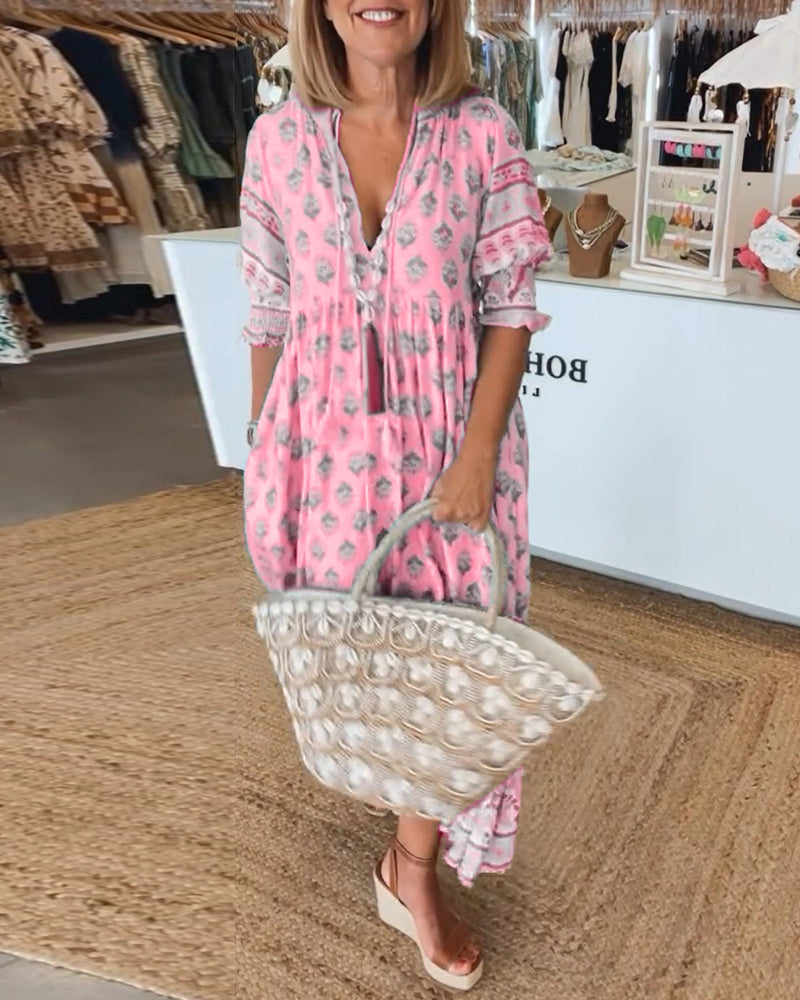 SERENE – Boho Chic Sommerkleid mit V-Ausschnitt und Leinenstoff