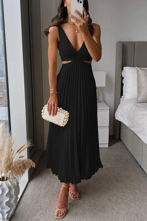 Damen Abendkleid Plissee Midi V-Ausschnitt Ärmellos mit Cut-Outs Eleganz-6