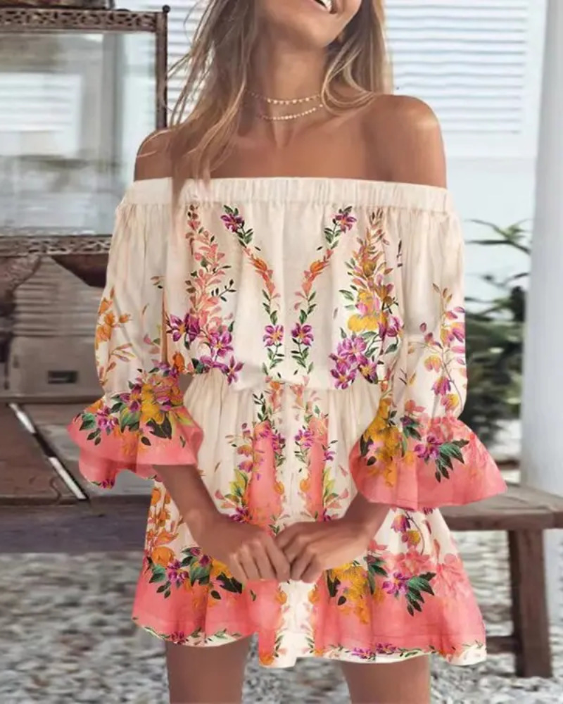 Damenkleid Schulterfrei Boho-Blattmuster Festlich Leichtes Material Ideal Für Hochzeitsgast Sommerpartys-5