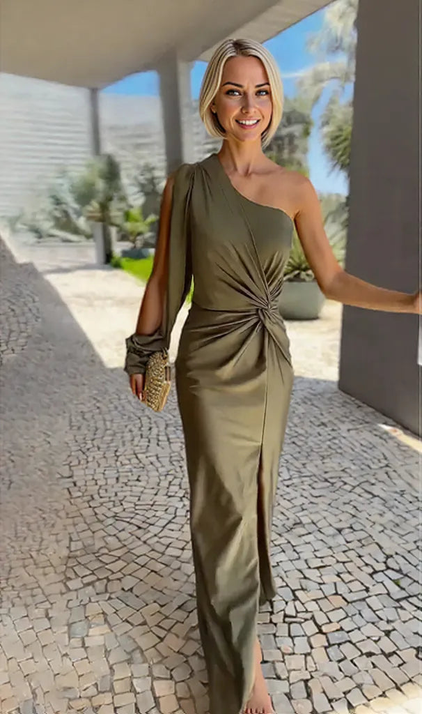 Damen Maxikleid Grünes Fließendes Kleid mit Seidigen Ärmeln für Festliche Anlässe-2