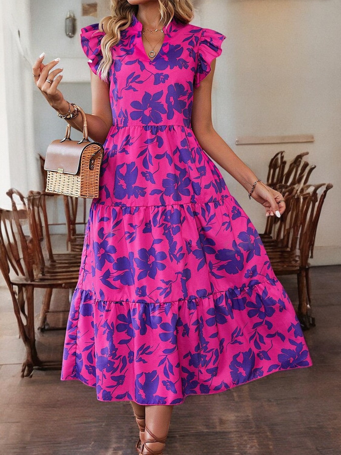 RUFFLED CAP SLEEVE MIDI DRESS – Elegantes Sommerkleid mit Rüschenärmeln