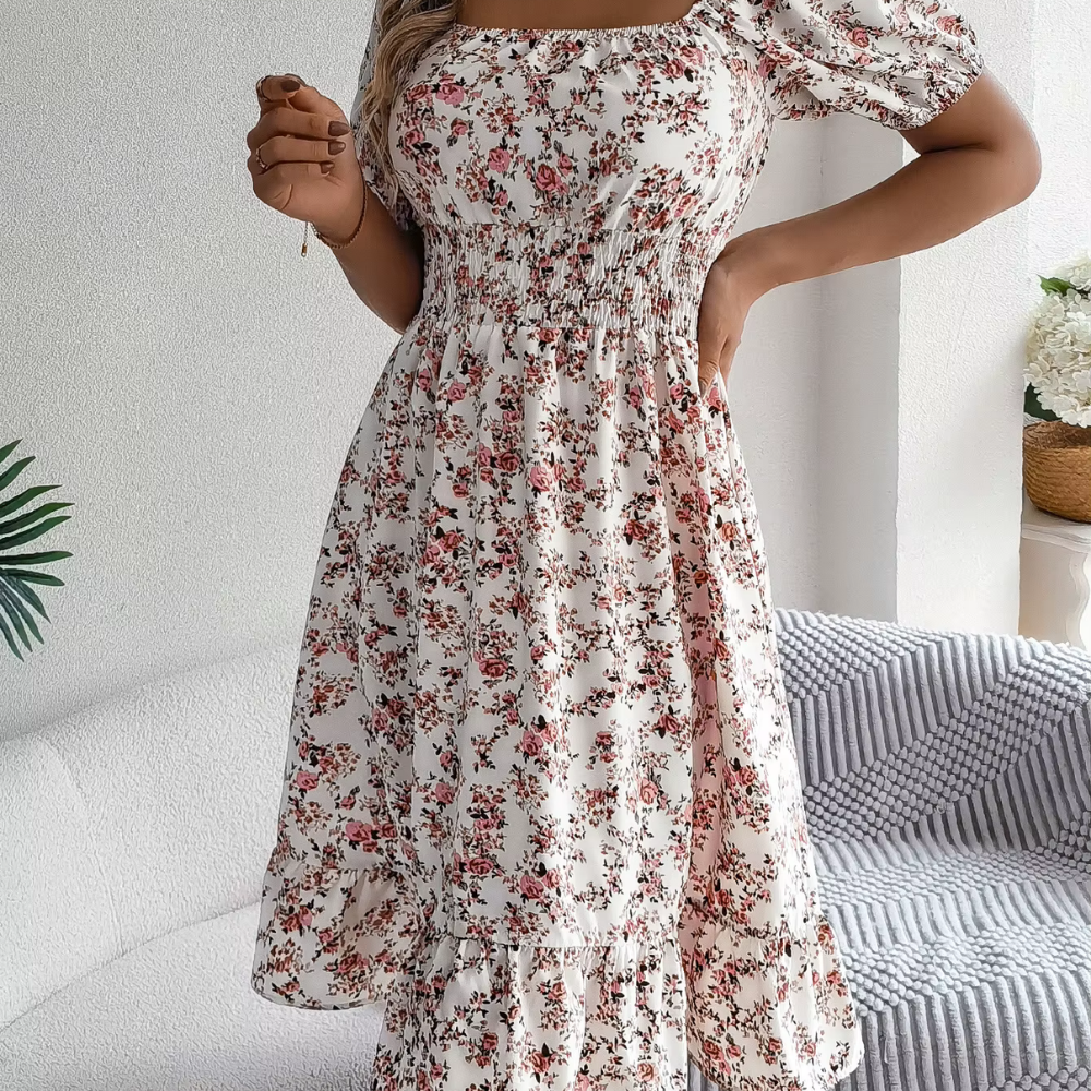 Damen Blumenkleid Floral Tailliert Mit Puffärmeln Leicht Für Frühling Sommer-1