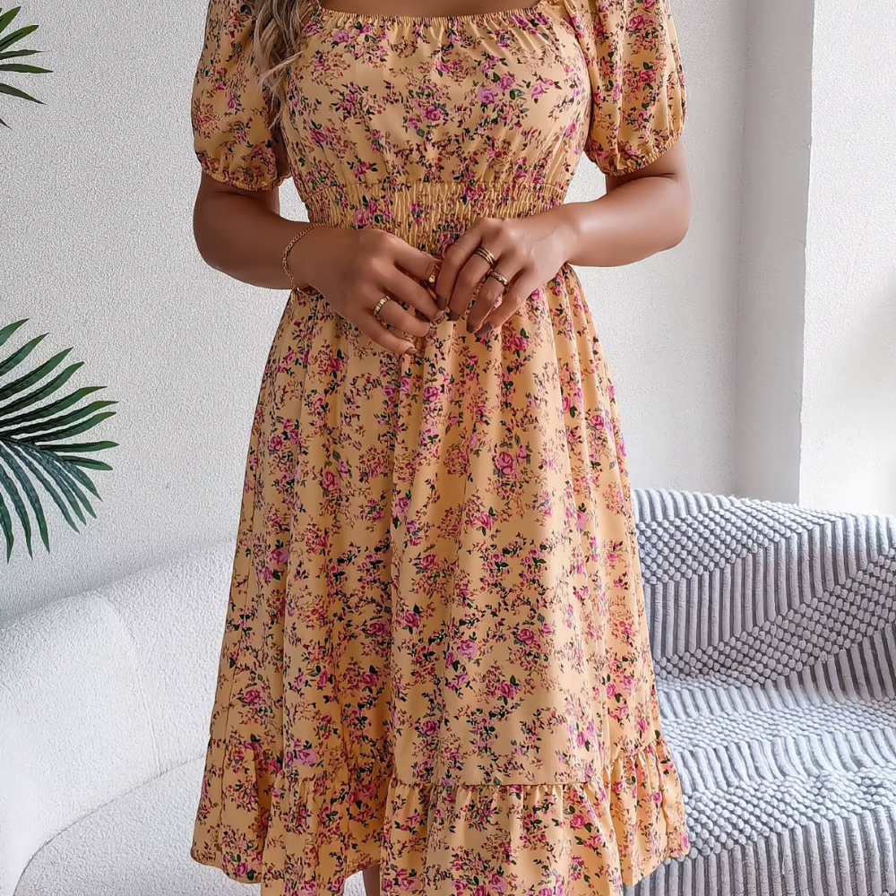 Damen Blumenkleid Floral Tailliert Mit Puffärmeln Leicht Für Frühling Sommer-4