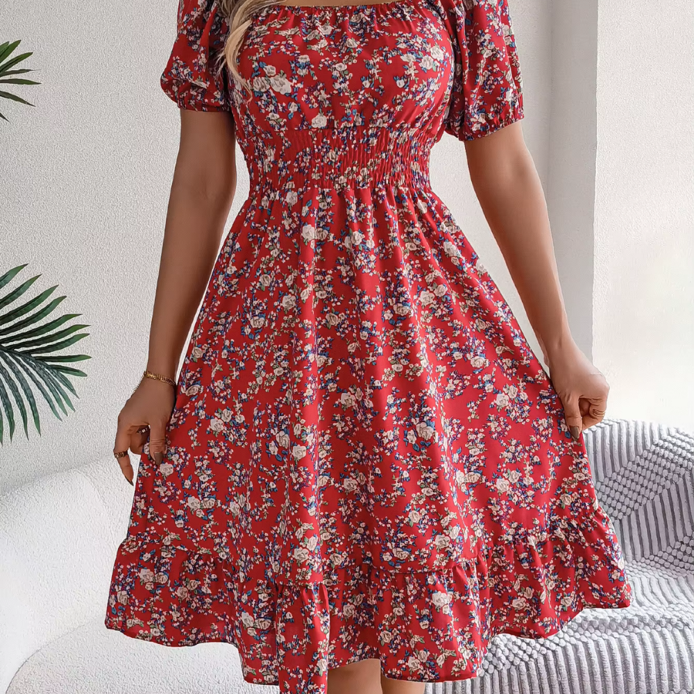 Damen Blumenkleid Floral Tailliert Mit Puffärmeln Leicht Für Frühling Sommer-5