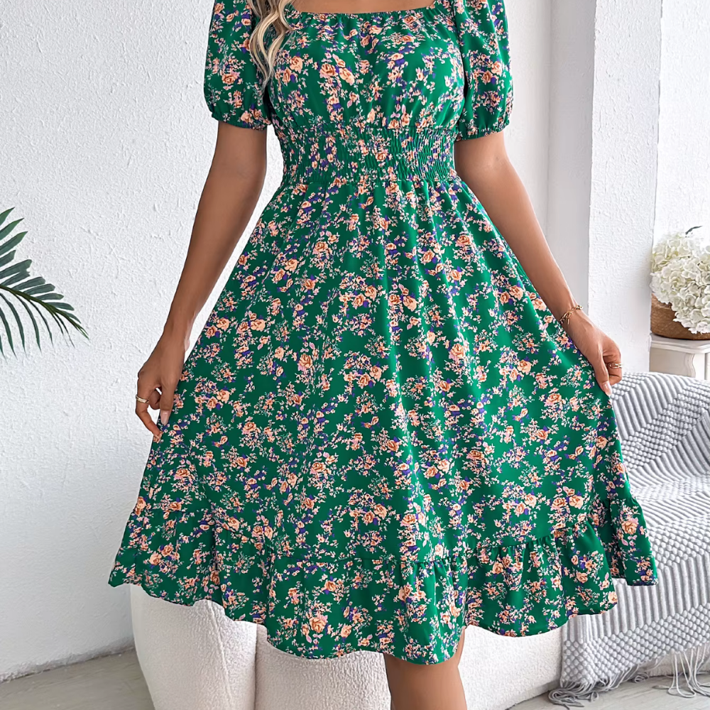 Variant image for Damen Blumenkleid Floral Tailliert Mit Puffärmeln Leicht Für Frühling Sommer-21