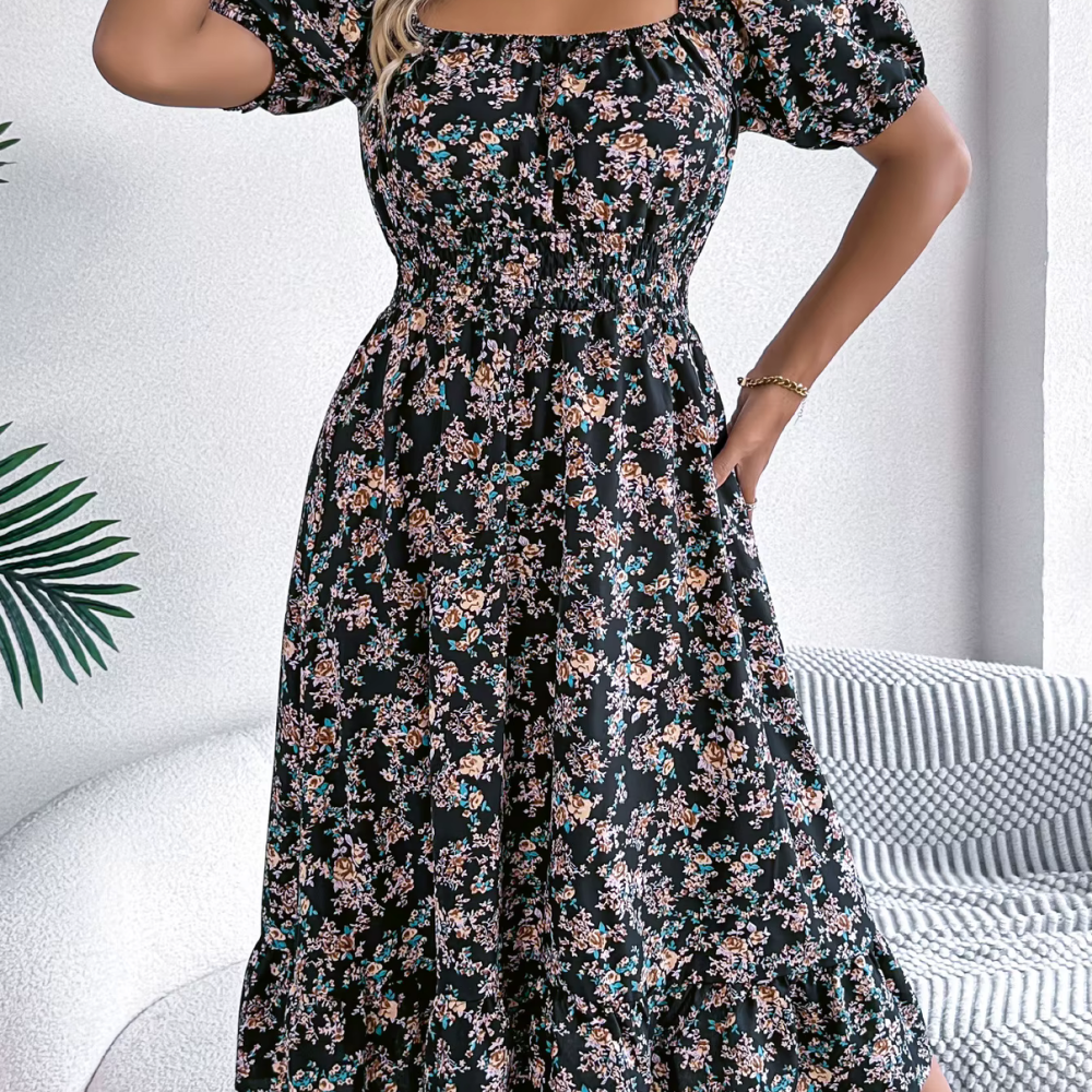 Variant image for Damen Blumenkleid Floral Tailliert Mit Puffärmeln Leicht Für Frühling Sommer-13