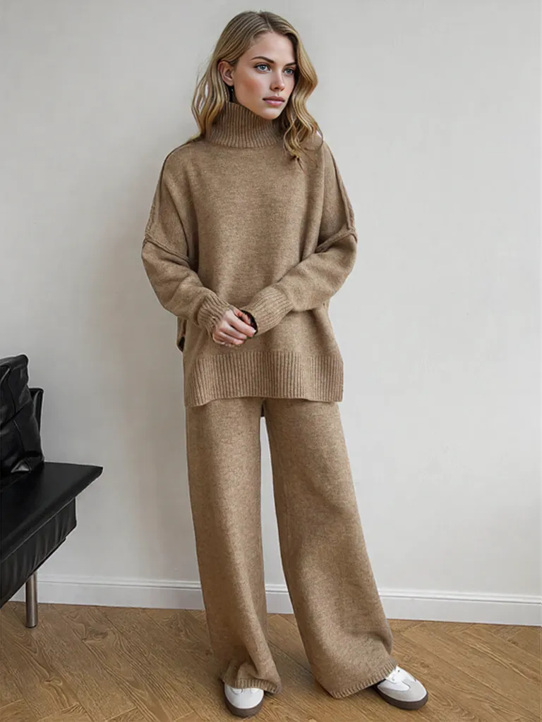 Damen Strick Rollkragenpullover Hosenensemble Beige Weicher Strickstoff Pflegeleicht-5